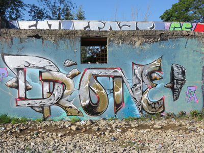 833767 Afbeelding van het graffitikunstwerk 'DRONE', op een muur langs het terrein van het voormalige ...